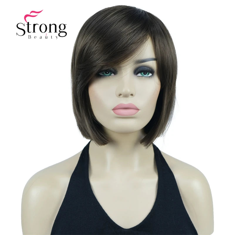 Crown & Glory Wigs Strong Beauty Women's Brown Short Straight Bob Wig with Side Bangs Synthetic Full Hair Wigs Heat Resistant