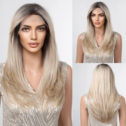 Crown & Glory Wigs   ALAN EATON Light Brown Straight Lace Front Wigs Middle Parting Ombre Blonde Lace Synthetic Wig Natural Hairline Heat Resistant