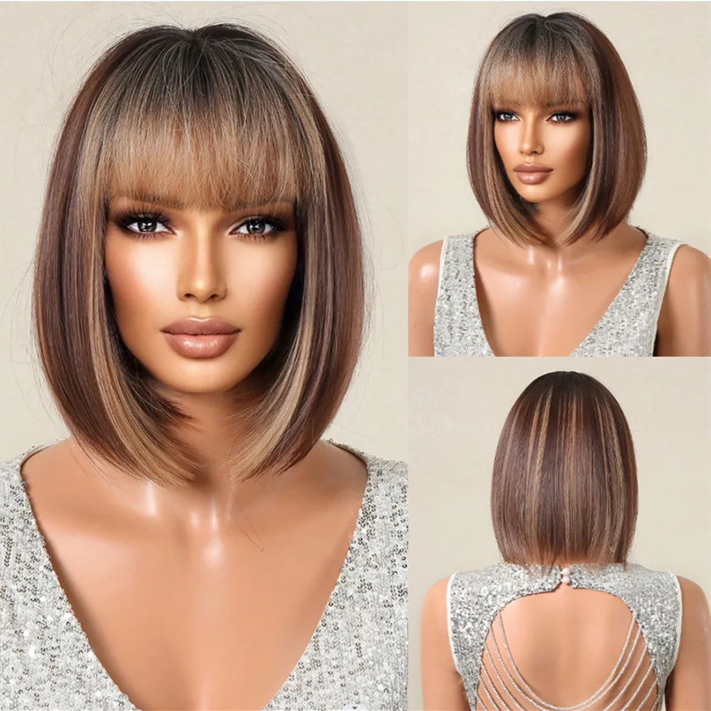 Crown & Glory Wigs  HENRY MARGU Brown Highlight Bob Wig Mixed Color Synthetic Hair for Women Natural Short Straight Wigs with Bangs High Temperature