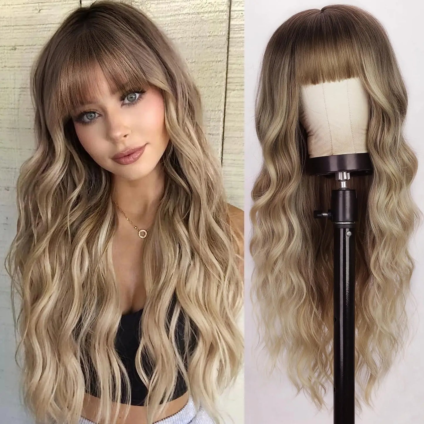 Crown & Glory Wigs Ombre Blonde Women Stylish Long Natural Wave wig  Synthetic Wigs heat-resistant fiber Glamorous Silky  Dark Root