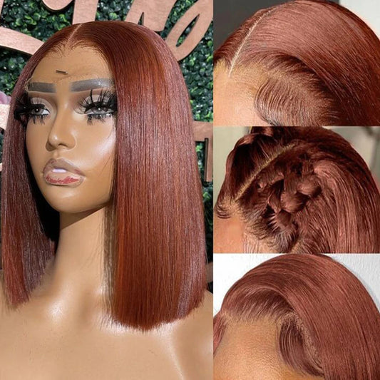 Crown & Glory Wigs   Short Brown Colour Bob Wig Peruvian Straight Lace Front Human Hair Wigs For Women Reddish Brown #33 Lace Part Wig With Baby Hair