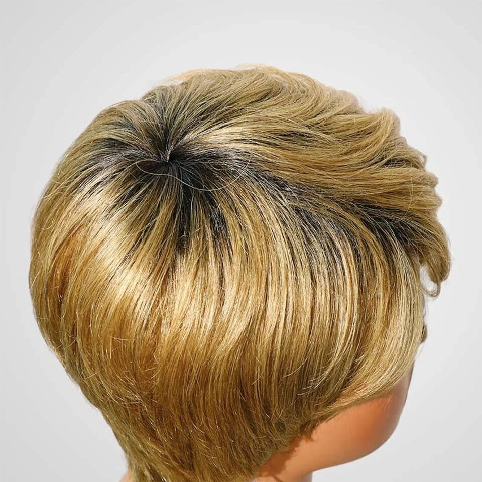 Crown & Glory Wigs  Human Hair Short Wigs For Black Women Straight Bob Pixie Honey Blonde Brazilian No Lace Front Wig With Bang