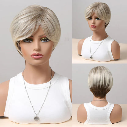 Crown & Glory Wigs  Bob Synthetic Wigs Ombre Brown to Blonde Straight Short Hair with Bangs for Women Daily Party Cosplay Use Heat Resistant Fibre