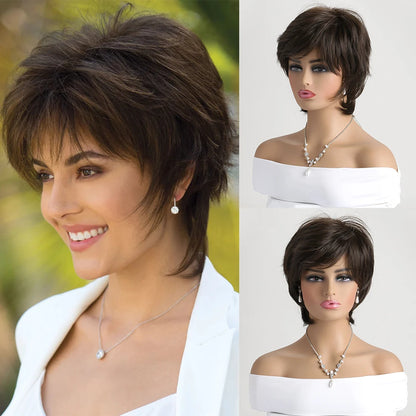 Crown & Glory Wigs   Short Natural Wigs with Bangs Soft  Hair Daily Use Short  Brown Ombre Curly Synthetic Hair Costume Party Wig for Women