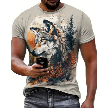 Men clothing  Animal Wolf Pattern Men's T shirt Fashion Crew Neck Short Sleeve