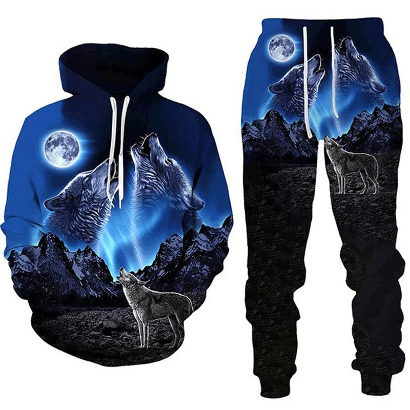 Men clothing  3D Print Hoodies Suit Man Dazzle Wolf Hip Hop Streetwear Hoodie And Pants 2pcs Sets