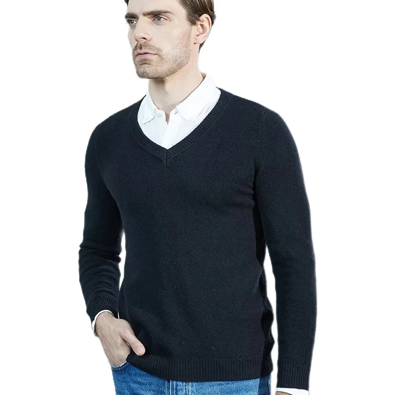 Muslim family   Cashmere Sweater Men Knitted Sweaters 100% Pure Merino Wool V-Neck Long-Sleeve Thick Pullover Winter Autumn Male Jumper Clothing