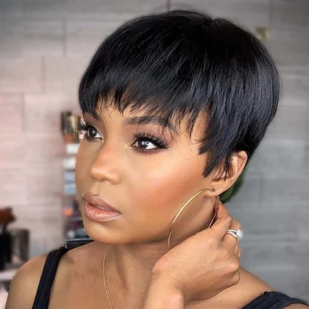 Crown & Glory Wigs  Short Pixie Cut Wig Human Hair Ready to Wear Brazilian Human Hair Wigs for Women Black Color Full Machine Short Straight Wigs