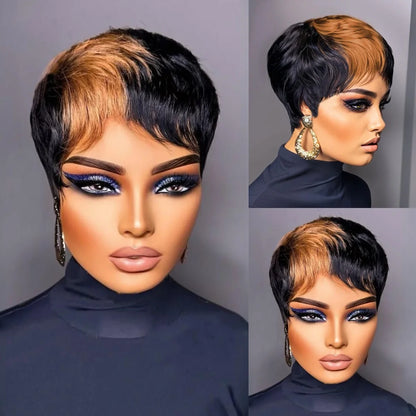 Crown & Glory Wigs  WIGERA Highlight Synthetic Short Straight Pixie Cut Hair Bob Wig Ombre Honey Blonde Mix Black Bronw Layered Hair Wigs For Woman