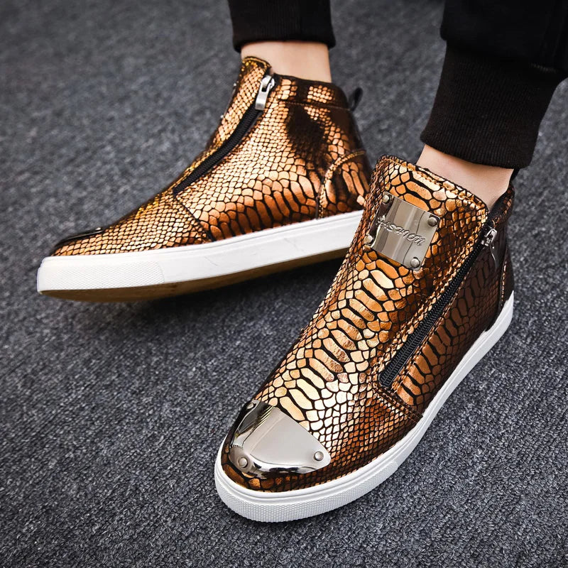 Men shoes  Hot Zipper High Top Sneakers Men Fashion Crocodile Leather Shoes For Men Luxury Golden Casual Sneakers Male Hip Hop Rock Shoes