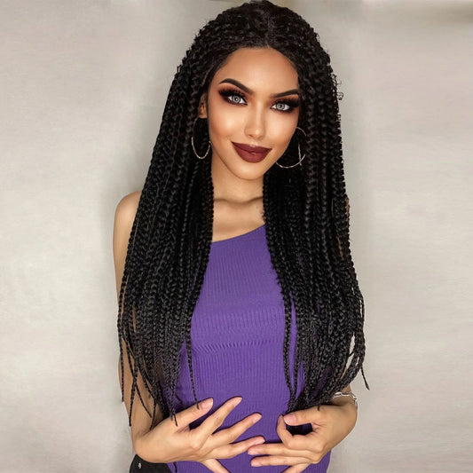 Crown & Glory Wigs   13*0.5 Black Synthetic 28inch Long Braided Lace Front Dreadlock Wig, Afro Knotless Cornrow Twist Fake Hair