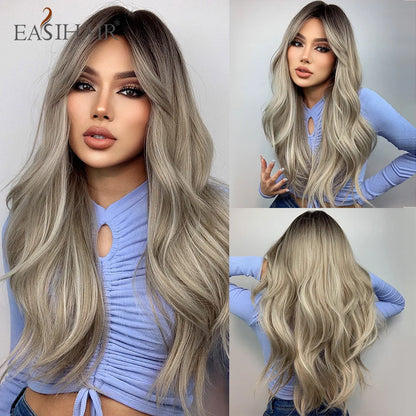 Crown & Glory Wigs EASIHAIR Ombre Brown Light Blonde Platinum Long Wavy Middle Part Hair Wig Cosplay Natural Heat Resistant Synthetic Wig for Women