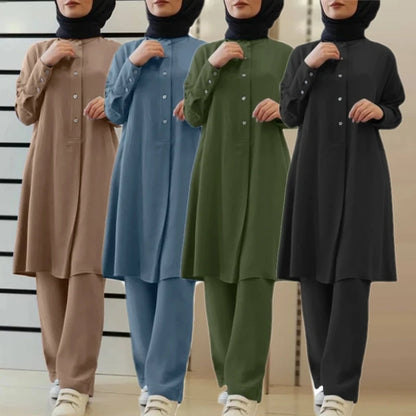 Muslim Family   Arab New Solid Color Two-Piece Shirt Pants Set Muslim Women Casual Loose  Set