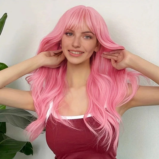 Crown & Glory Wigs  New sales of women's pink long curly air bangs long curly hair straight bangs synthetic hair big wave wig