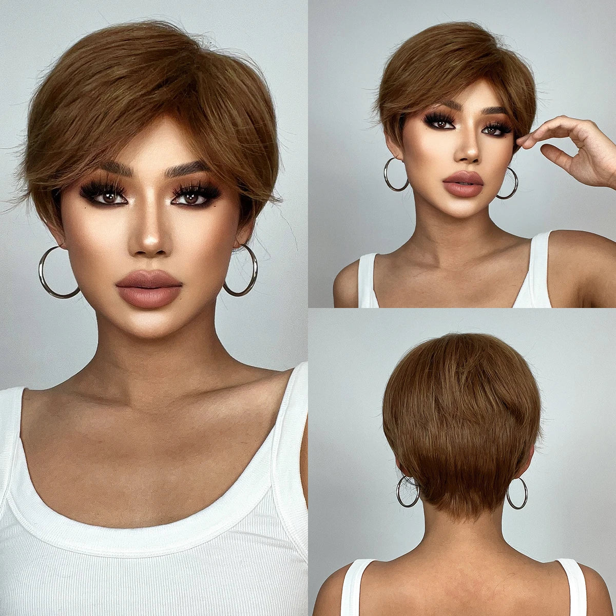 Crown & Glory Wigs EASIHAIR Short Honey Brown Synthetic Wigs for Women Layered Natural Hair Wigs Free Part Short Hair Daily Wig Heat Resistant