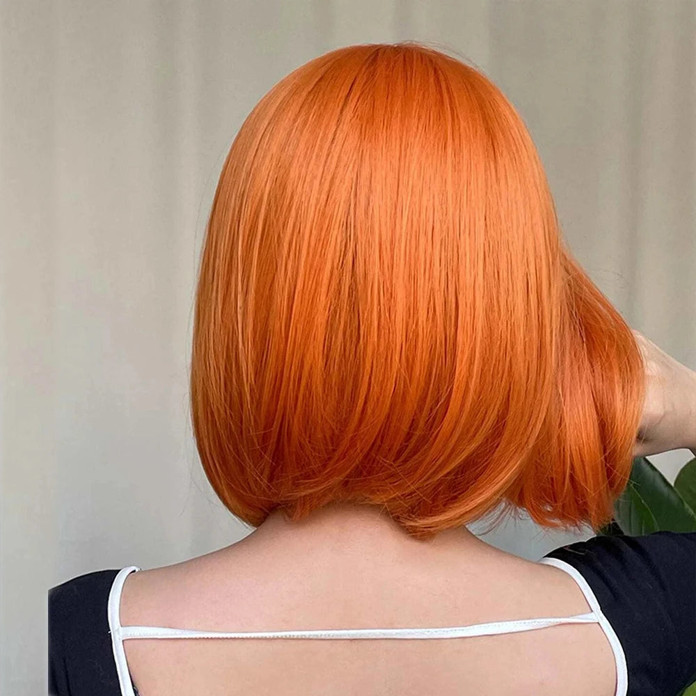 Crown & Glory Wigs Orange Short Bob Straight Synthetic Wigs with Bangs for White Women Afro Cosplay Christmas Hair Natural Daily Heat Resistant Wig