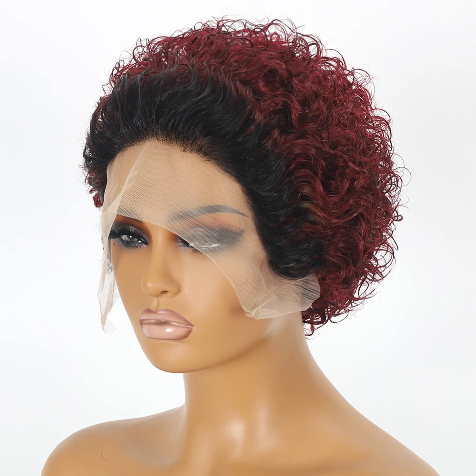 Crown & Glory Wigs  Pixie Cut Wigs Short Kinky Curly Lace Front Human Hair Wigs 13x2 Transparent Lace Frontal Wigs 1B/99 Ombre Water Wave Bob Wig