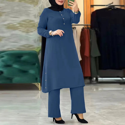 Muslim Family  Arab Women Blouse Muslim Fashion Matching Sets Women's Elegant Tracksuit Casual Solid Shirt+Wide Leg Pants Suit Modest Clothing