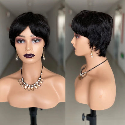 Crown & Glory Wigs  Short Pixie Cut Wig Human Hair Ready to Wear Brazilian Human Hair Wigs for Women Black Color Full Machine Short Straight Wigs