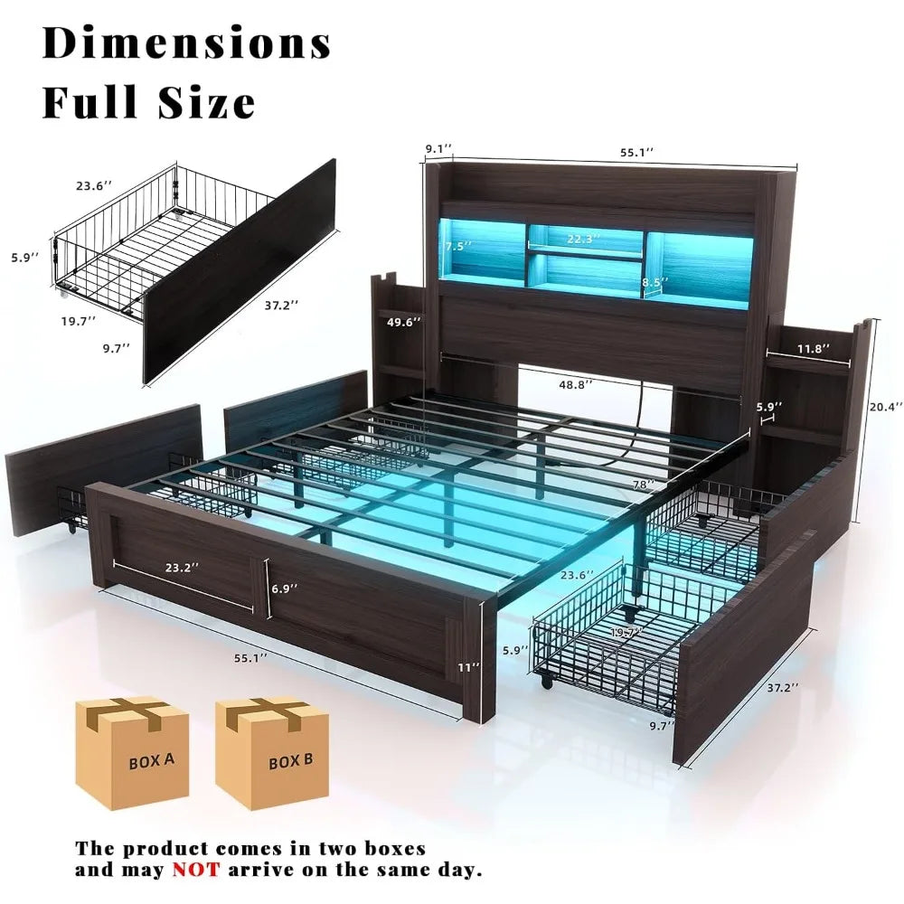 Living Room Queen Bed Frame with 49.6" Bookcase Headboard & 2 Bedside Stoage Racks & Drawers,Wood Bed Frame with RGB LED & Charging Station