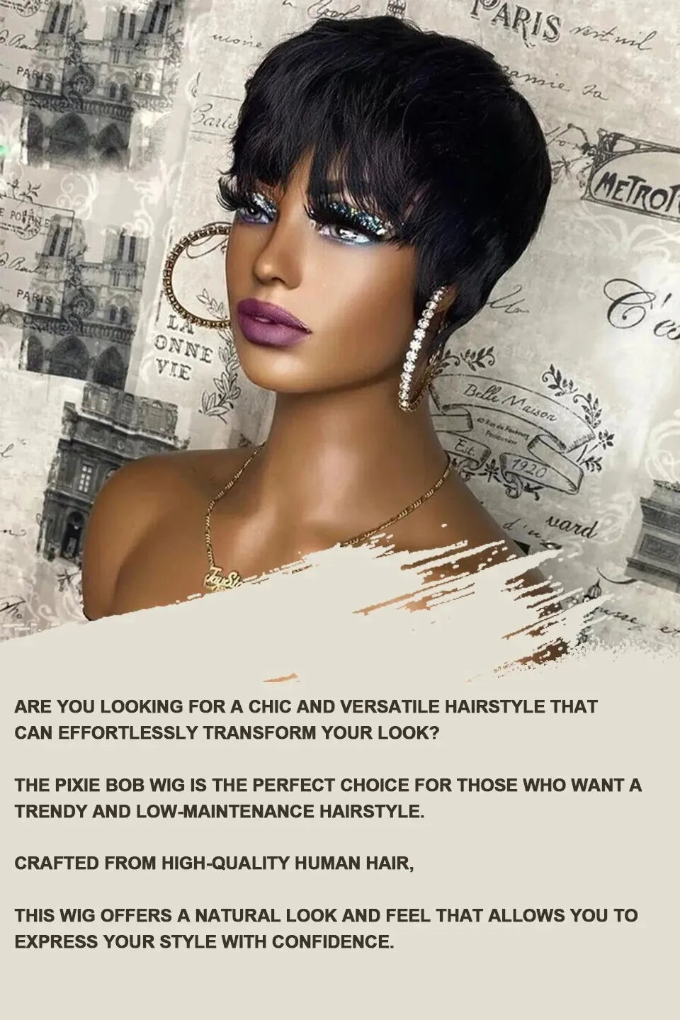 Crown & Glory Wigs  Human Hair Wigs Short Pixie Cut Wig Human Hair For Black Women Machine Made Wigs With Bangs Glueless Wig Perruque Cheveux Humain