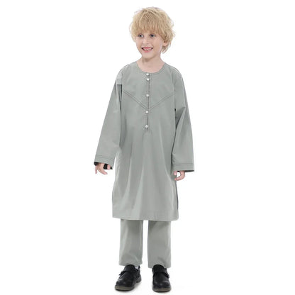 Muslim family    Muslim Kids Jubba Thobe Arab Boy Thobe Children Abaya Ramadan Dress Pant Set 2 Piece Caftan Robe Kaftan Musulman Ensembles