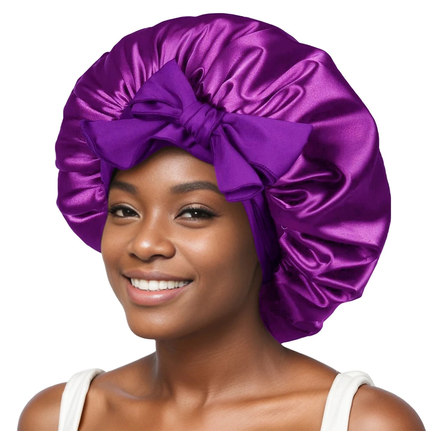 Style & Shine Hair  Satin Solid  Silky Bonnets With Long Tie Bands Elastic Shower Cap Adjustable