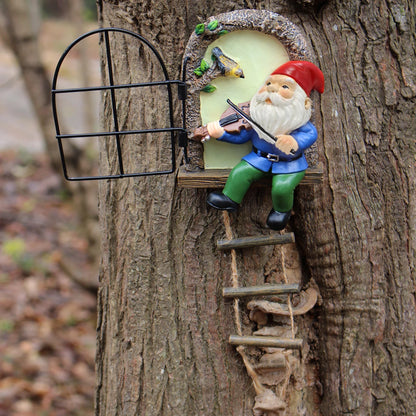 Outdoor 1 resin handicraft hanging from a dwarf playing piano tree, iron window, hanging tree, decorating courtyard tree trunks, hanging