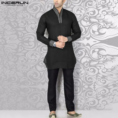 Muslim family   INCERUN Tops 2024 Muslim Style Hot Sale Mens Shirts Muslim Dual Color Patchwork Design Standing Collar Long Sleeved Blouse S-5XL