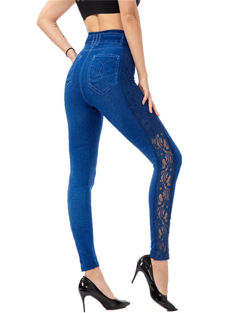 Woman clothing   INDJXND High Waist Lace Leggings Women Ladies Floral Side Hollow Out Patchwork Workout Pants Push Up Elasticity Faux Denim Jean