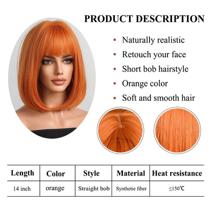 Crown & Glory Wigs Orange Short Bob Straight Synthetic Wigs with Bangs for White Women Afro Cosplay Christmas Hair Natural Daily Heat Resistant Wig