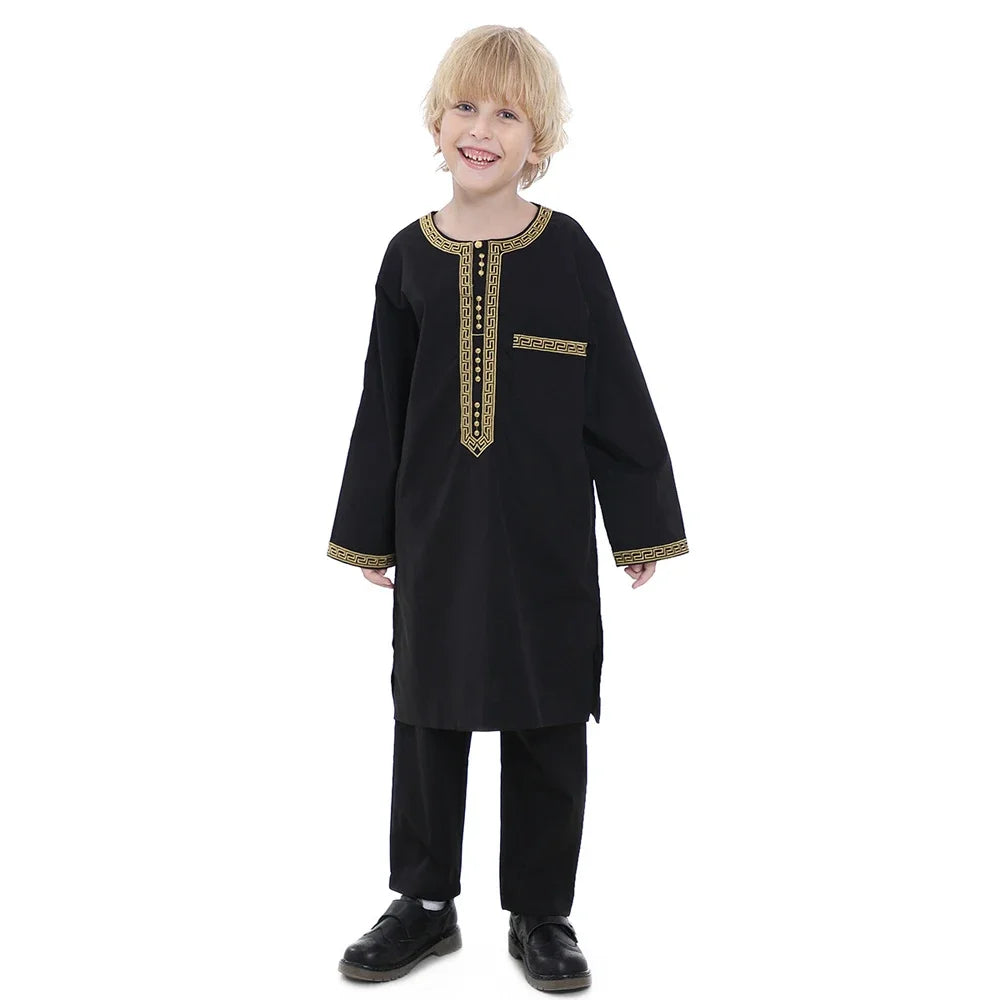 Muslim family   Muslim Children Robe 2 Piece Set Kids Boy Round Neck Long Sleeve Printed Dress Shirt Abaya Kaftan Jubba Thobe Islamic Clothing