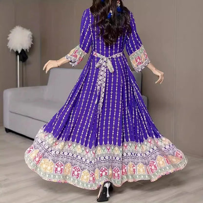 Muslim family  Niche design bohemian long dress travel color collision waist thin lantern sleeve embroidery ethnic style plus size dress women