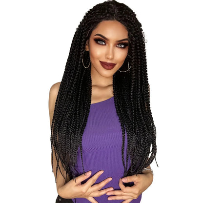 Crown & Glory Wigs   13*0.5 Black Synthetic 28inch Long Braided Lace Front Dreadlock Wig, Afro Knotless Cornrow Twist Fake Hair