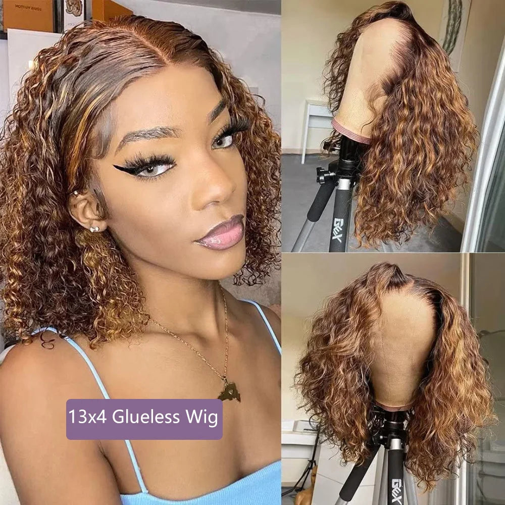 Crown & Glory Wigs   Highlight Blonde Short Bob Glue less Wig Human Hair Ready To Go Deep Wave 4/27 Colored Curly Bob 7x5 13x4 Glueless Wig For Women