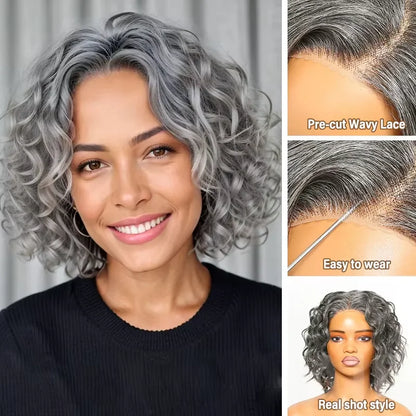 Crown & Glory Wigs  Luvin 16inch Water wave Bob Wig Salt and Pepper Human Hair Wigs Pre Plucked Grey Short Bob Wig Pre Cut 5x5 Closure Wig For Women