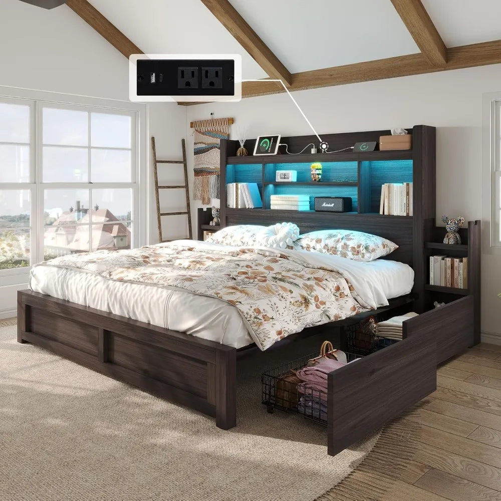 Living Room Queen Bed Frame with 49.6" Bookcase Headboard & 2 Bedside Stoage Racks & Drawers,Wood Bed Frame with RGB LED & Charging Station