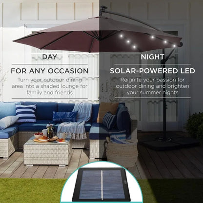 Outdoor 10ft Solar LED Offset Hanging Market Patio Umbrella for Backyard, Poolside, Lawn and Garden w/Easy Tilt Adjustment