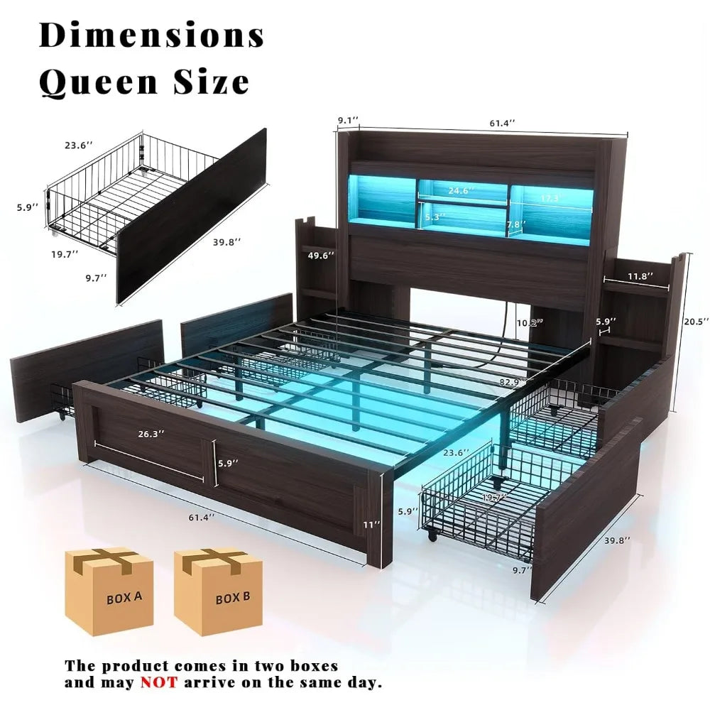 Living Room Queen Bed Frame with 49.6" Bookcase Headboard & 2 Bedside Stoage Racks & Drawers,Wood Bed Frame with RGB LED & Charging Station