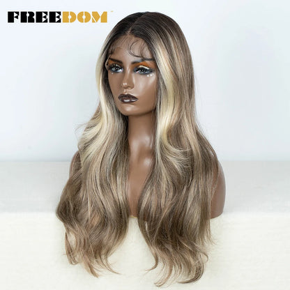 Crown & Glory Wigs  FREEDOM Synthetic Lace Front Wigs For Women Straight Lace Wig With Baby Hair 24 inches Ombre Brown Highlight Wigs Cosplay Wig