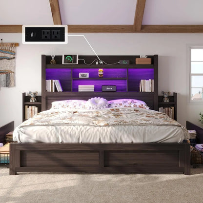 Living Room Queen Bed Frame with 49.6" Bookcase Headboard & 2 Bedside Stoage Racks & Drawers,Wood Bed Frame with RGB LED & Charging Station