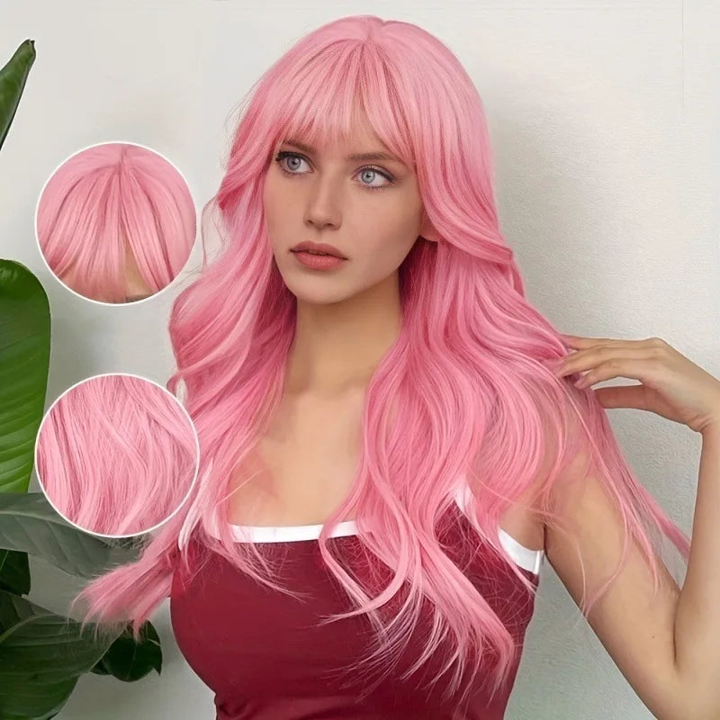 Crown & Glory Wigs  New sales of women's pink long curly air bangs long curly hair straight bangs synthetic hair big wave wig