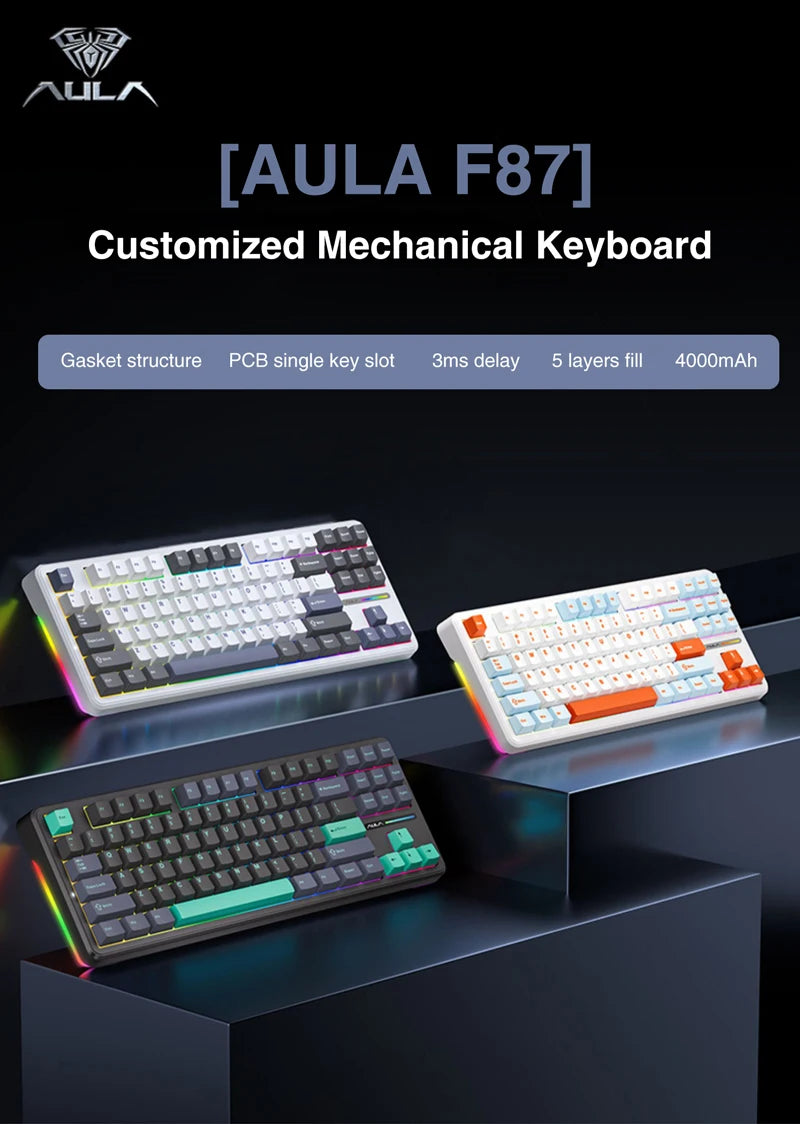 Laptop Aula F87 Pro Mechanical Keyboard Wired/2.4g Wireless/Bluetooth 80% 87 Keys Rgb Hot Swap Gasket Pbt Customized Gaming Keyboard