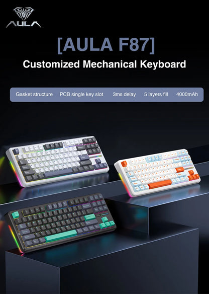 Laptop Aula F87 Pro Mechanical Keyboard Wired/2.4g Wireless/Bluetooth 80% 87 Keys Rgb Hot Swap Gasket Pbt Customized Gaming Keyboard