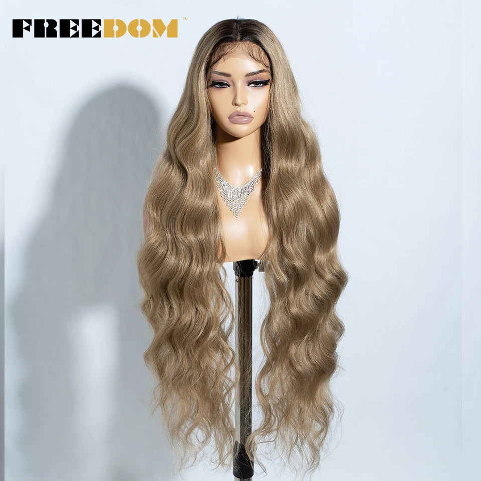 Crown & Glory Wigs   FREEDOM Synthetic Lace Front Wigs For Women 36" Long Body Wave Lace Wig Ombre Brown Blonde Highlight Cosplay Wigs Heat Resistant