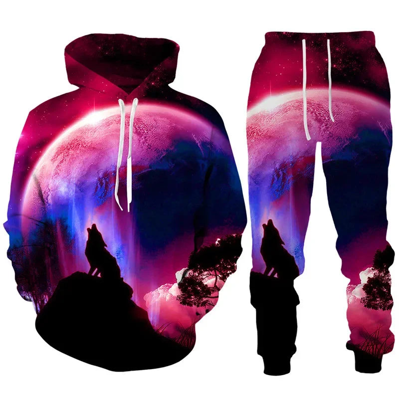 Men clothing  3D Print Hoodies Suit Man Dazzle Wolf Hip Hop Streetwear Hoodie And Pants 2pcs Sets