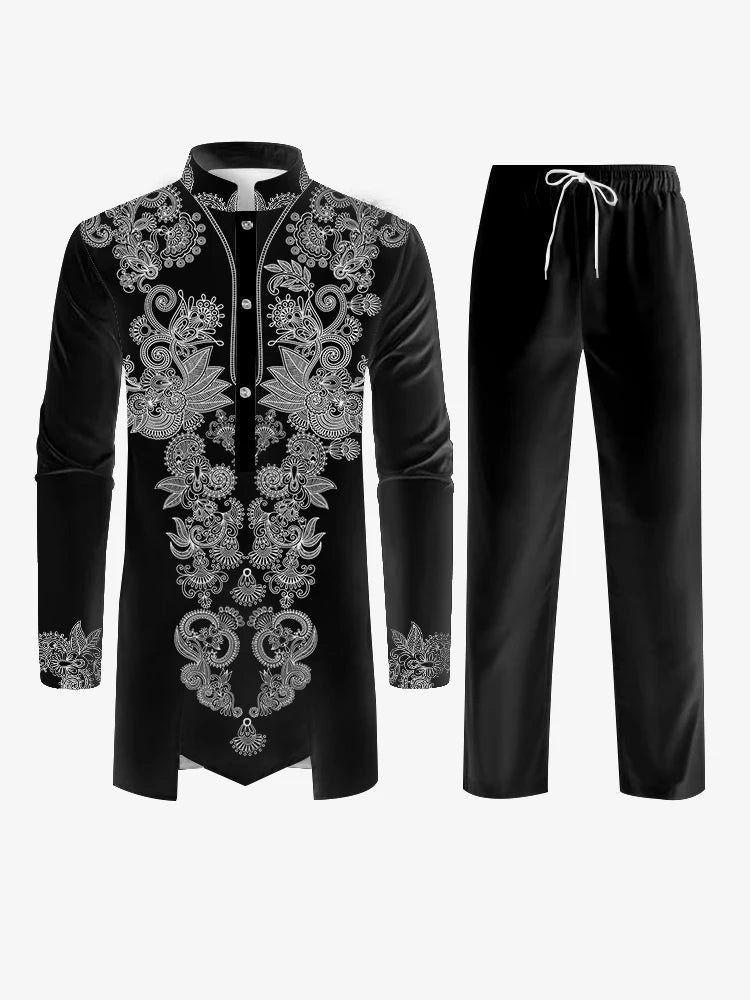 Muslim family   New Muslim Men's Robe Black Yellow Black Long Sleeve Pants Arab Men's Suit New Pattern Printed Multi Color Combination Matching