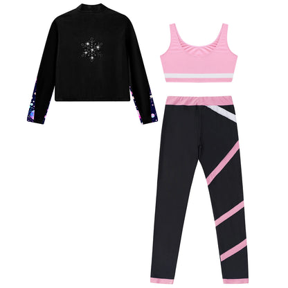 Girl clothing   Kids Girls Sweat suits Set Tracksuit 3 Piece Outfits Long Sleeve Zip Front Jacket + Vest + Colorblock Leggings Sportswear Sets