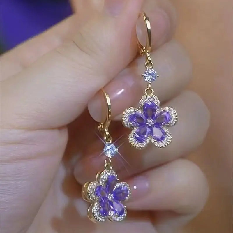 Jewellery   Fashion Trend Purple Crystal Zircon Flower Drop Earrings for Women Light Luxury Geometric Shiny Earring Party Wedding Jewelry