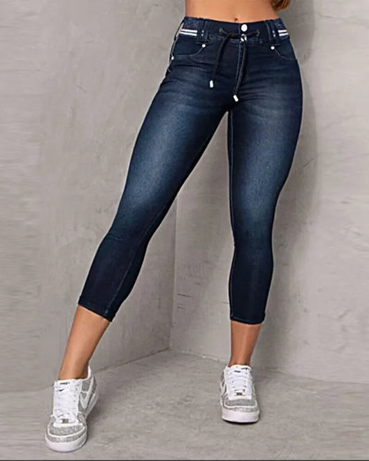 Woman clothing   Spring Autumn Woman's Pure Color Jeans Vintage Denim Drawstring Pocket Design Skinny Jeans Ankle Length Streetwear Women Pants